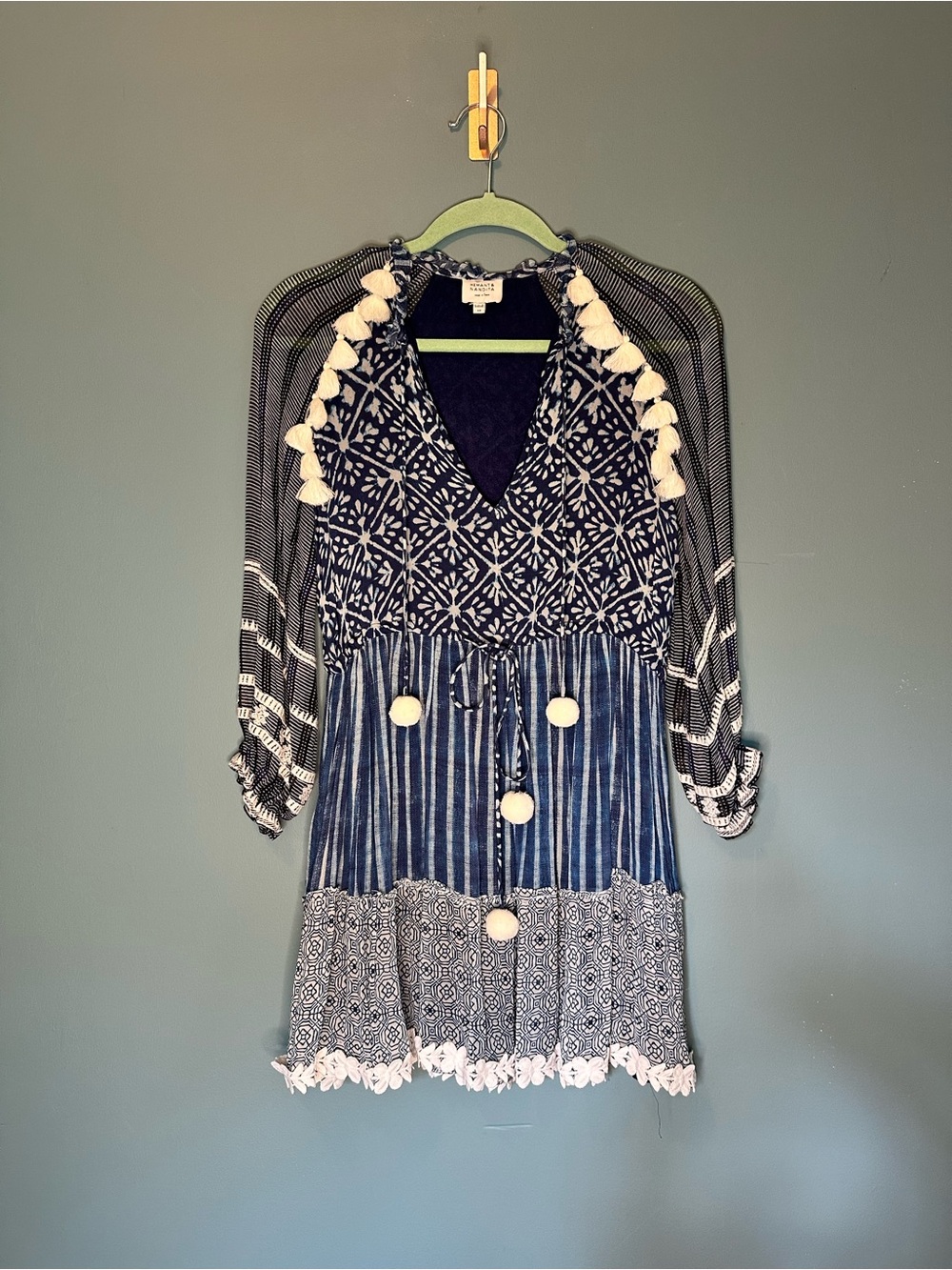 Hemant & Nandita Boho Tassel Mini Dress Blue & White Pom Pom Size XS - Picture 11 of 12